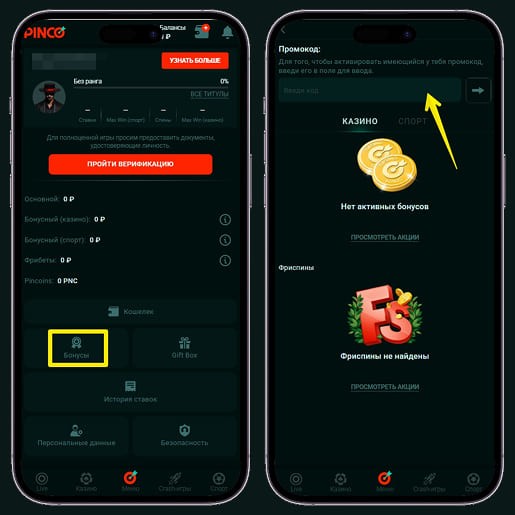 Интерфейс для активации бонусного кода